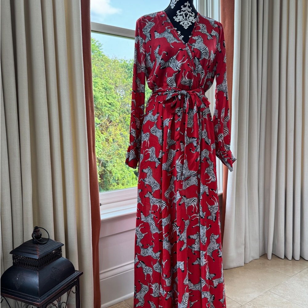fab'rik Red and White Tie Front Sundress with Bishop Sleeves